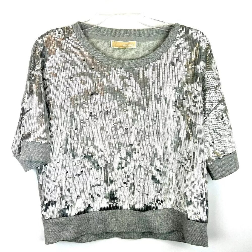 Michael Kors Women’s Short Sleeve Grey Sequin Cropped Top Size Small
